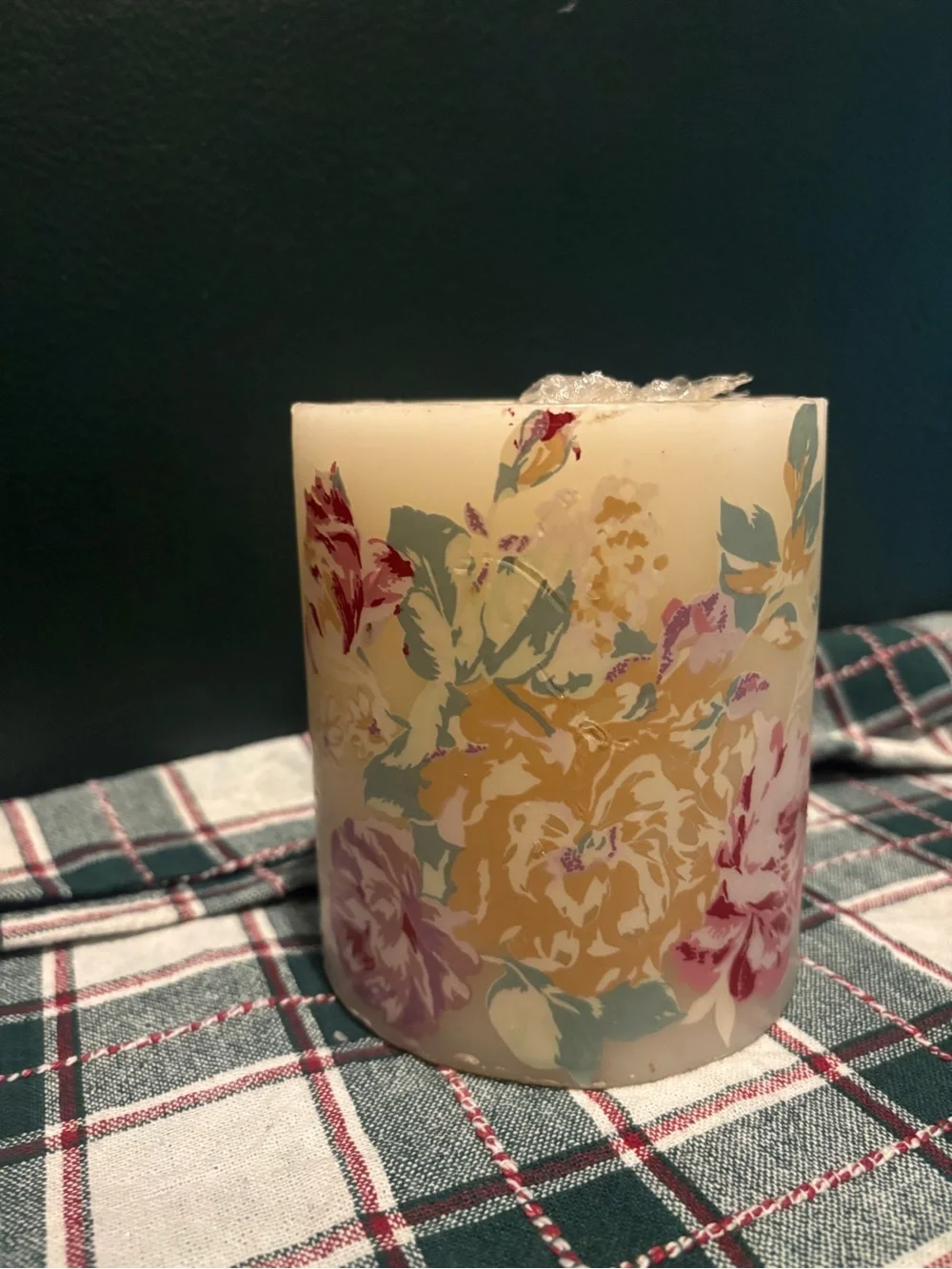 Vintage Floral Pillar Candle in Cream with Yellow and Pink Accents